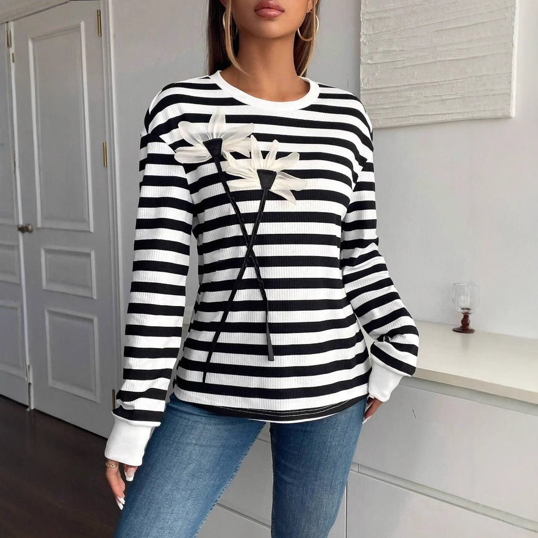 Women's casual long - sleeved crew neck striped flower sweatshirt T-shirt top - Negative Apparel