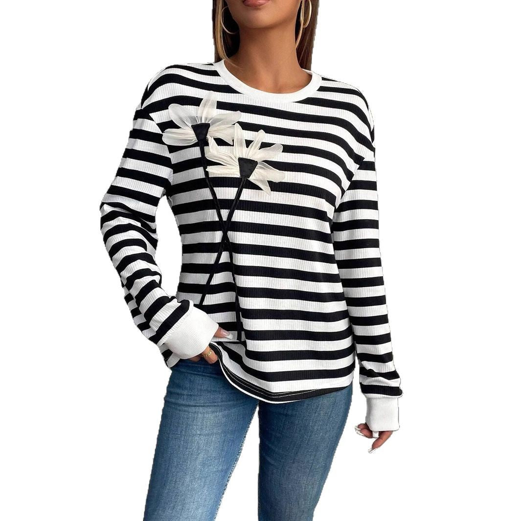 Women's casual long - sleeved crew neck striped flower sweatshirt T-shirt top - Negative Apparel