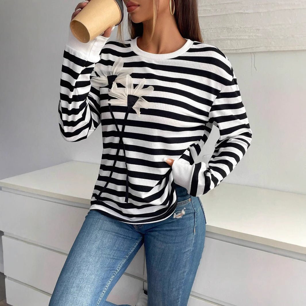 Women's casual long - sleeved crew neck striped flower sweatshirt T-shirt top - Negative Apparel