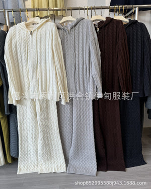 Women’s Casual Two - Piece Knit Suit – Imitation Shearling Hoodie & Long Pants Set | Korean Loose Fit Autumn Winter Outfit - Negative Apparel