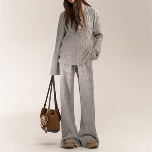 Women’s Casual Two - Piece Knit Suit – Imitation Shearling Hoodie & Long Pants Set | Korean Loose Fit Autumn Winter Outfit - Negative Apparel