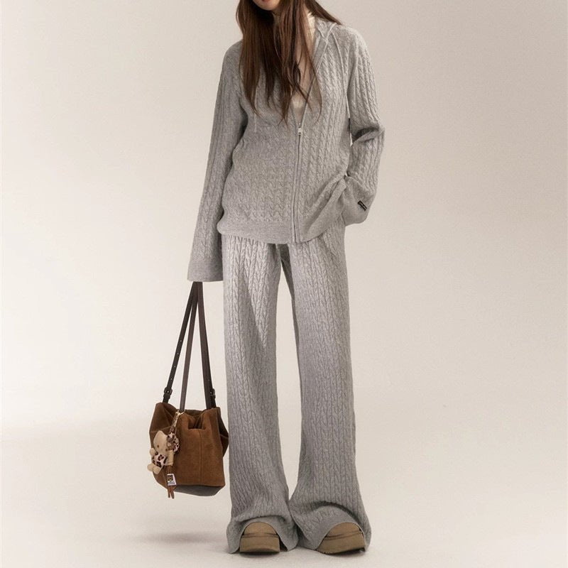 Women’s Casual Two - Piece Knit Suit – Imitation Shearling Hoodie & Long Pants Set | Korean Loose Fit Autumn Winter Outfit - Negative Apparel