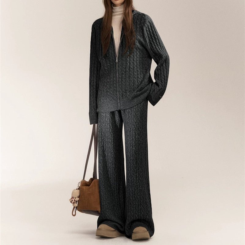 Women’s Casual Two - Piece Knit Suit – Imitation Shearling Hoodie & Long Pants Set | Korean Loose Fit Autumn Winter Outfit - Negative Apparel