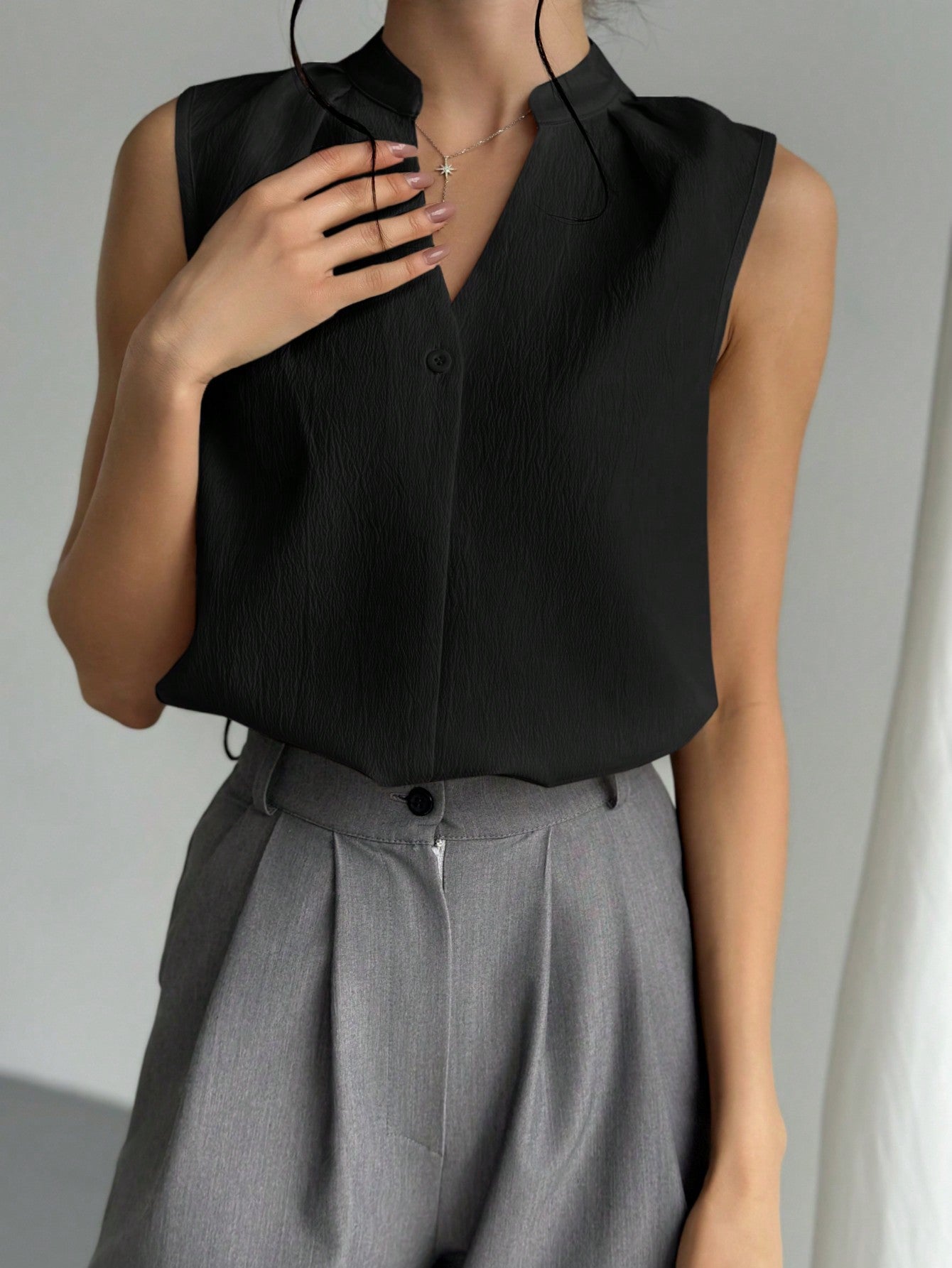 Women's Chic & Elegant Office Wear V - Neck Blouse With Simple Design And Feminine Details,Sleeveless Tops - Negative Apparel