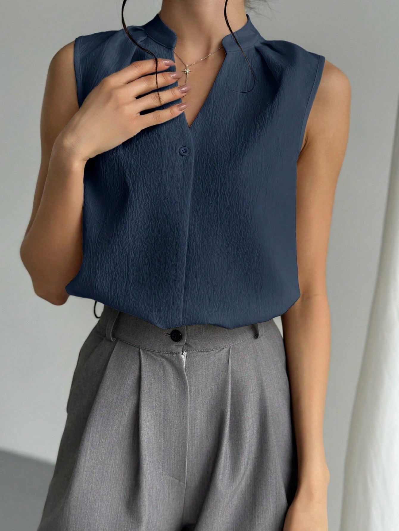 Women's Chic & Elegant Office Wear V - Neck Blouse With Simple Design And Feminine Details,Sleeveless Tops - Negative Apparel