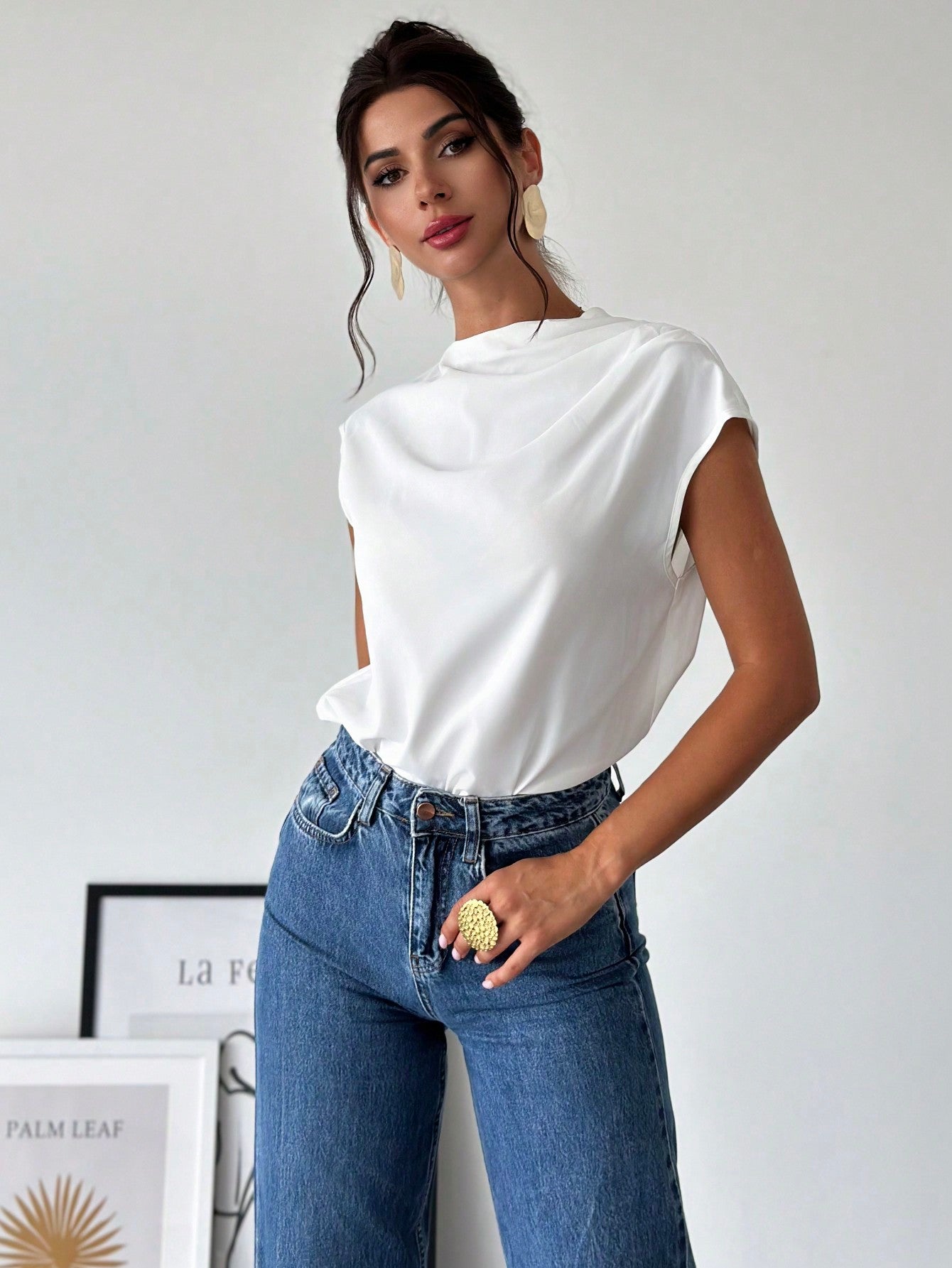 Women's Chic Elegant Simple Office Commuter Stand Collar Asymmetric Shoulder Pleat Capped Sleeve Fitted Blouse - Negative Apparel