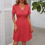 women's clothing 2025 spring and summer temperament solid color V - neck short - sleeved dress cardigan A - line skirt - Negative Apparel