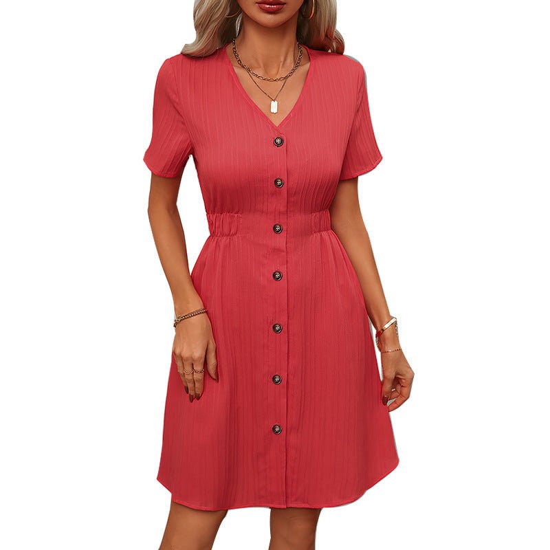 women's clothing 2025 spring and summer temperament solid color V - neck short - sleeved dress cardigan A - line skirt - Negative Apparel