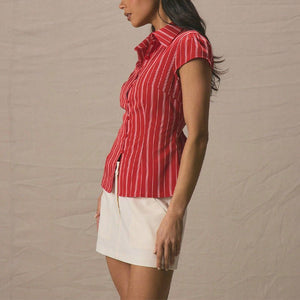 Women's clothing 2025 summer an and n temperament slim shirt striped short - sleeved cardigan women - Negative Apparel