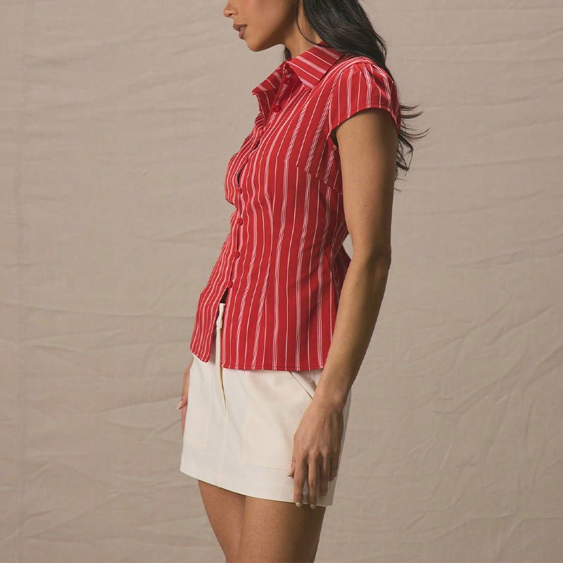 Women's clothing 2025 summer an and n temperament slim shirt striped short - sleeved cardigan women - Negative Apparel