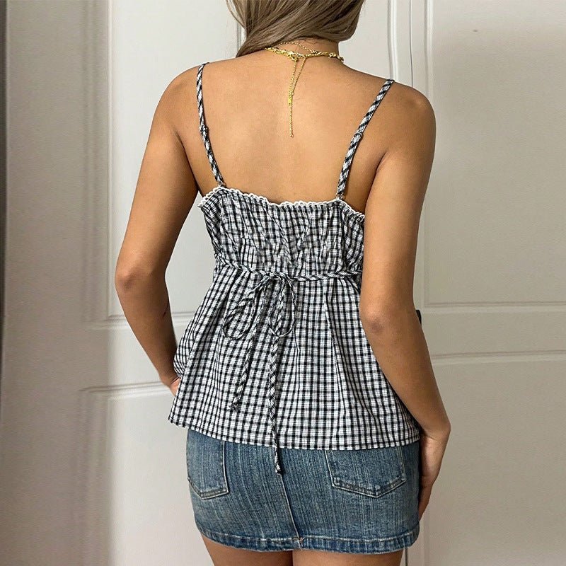 women's clothing 2025 summer new products an and n BM style suspenders plaid sexy lace - up tops - Negative Apparel