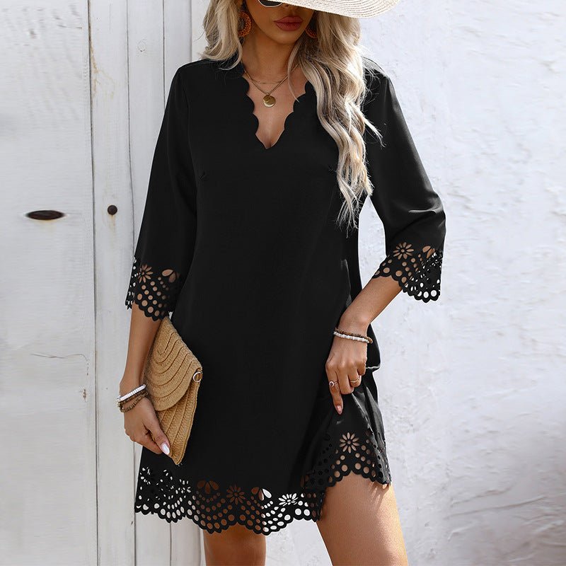 women's clothing an and n style dress 2025 spring and summer new holiday burnt flower half - sleeved A - line skirt - Negative Apparel