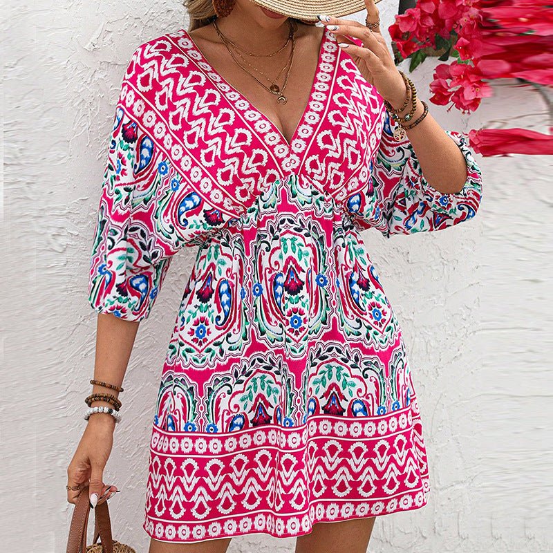 women's clothing Bohemian dress 2025 summer an and n holiday style short - sleeved beach skirt - Negative Apparel