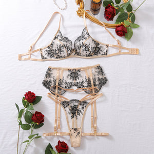 Women's clothing embroidery heavy craftsmanship ultra - thin mesh see - through sexy bra set - Negative Apparel