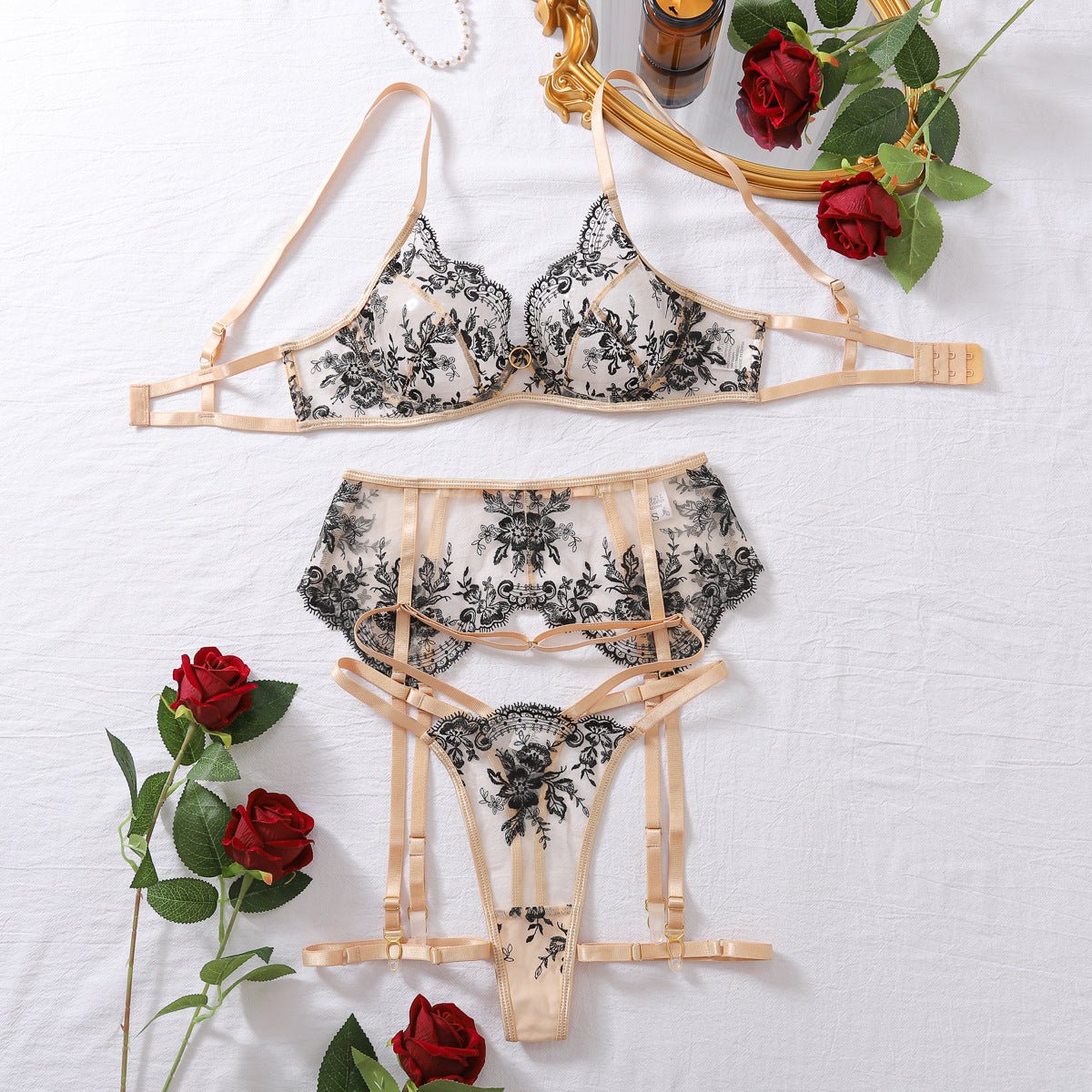 Women's clothing embroidery heavy craftsmanship ultra - thin mesh see - through sexy bra set - Negative Apparel