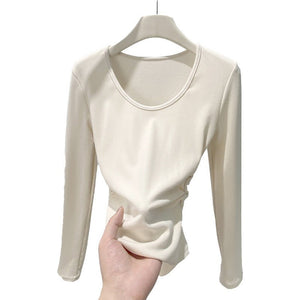 Women’s Coconut Velvet U - Neck Pleated Top – Slim Fit Polished Innerwear - Negative Apparel