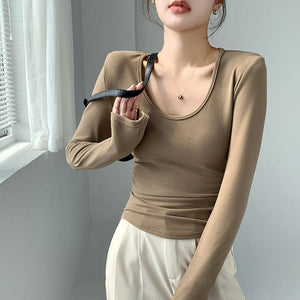 Women’s Coconut Velvet U - Neck Pleated Top – Slim Fit Polished Innerwear - Negative Apparel