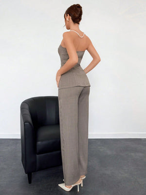 Women's Color 2 - Piece Set: Notch Lapel Sleeveless Jacket With Fake Pocket Decor And Wide Leg Pants, Commute Wear - Negative Apparel