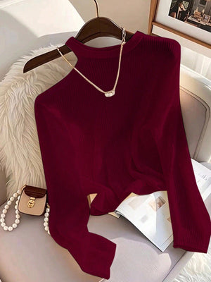 Women's Color Block Asymmetric Shoulder Long Sleeve T-Shirt, Ribbed Knit Top FD - Negative Apparel