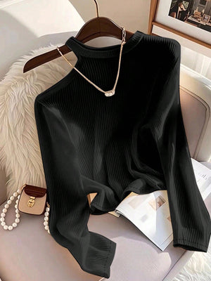 Women's Color Block Asymmetric Shoulder Long Sleeve T-Shirt, Ribbed Knit Top FD - Negative Apparel