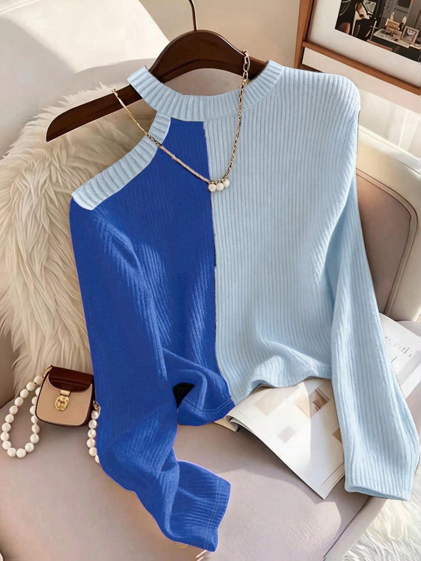 Women's Color Block Asymmetric Shoulder Long Sleeve T-Shirt, Ribbed Knit Top FD - Negative Apparel