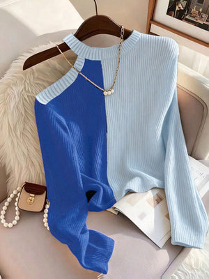 Women's Color Block Asymmetric Shoulder Long Sleeve T-Shirt, Ribbed Knit Top FD - Negative Apparel
