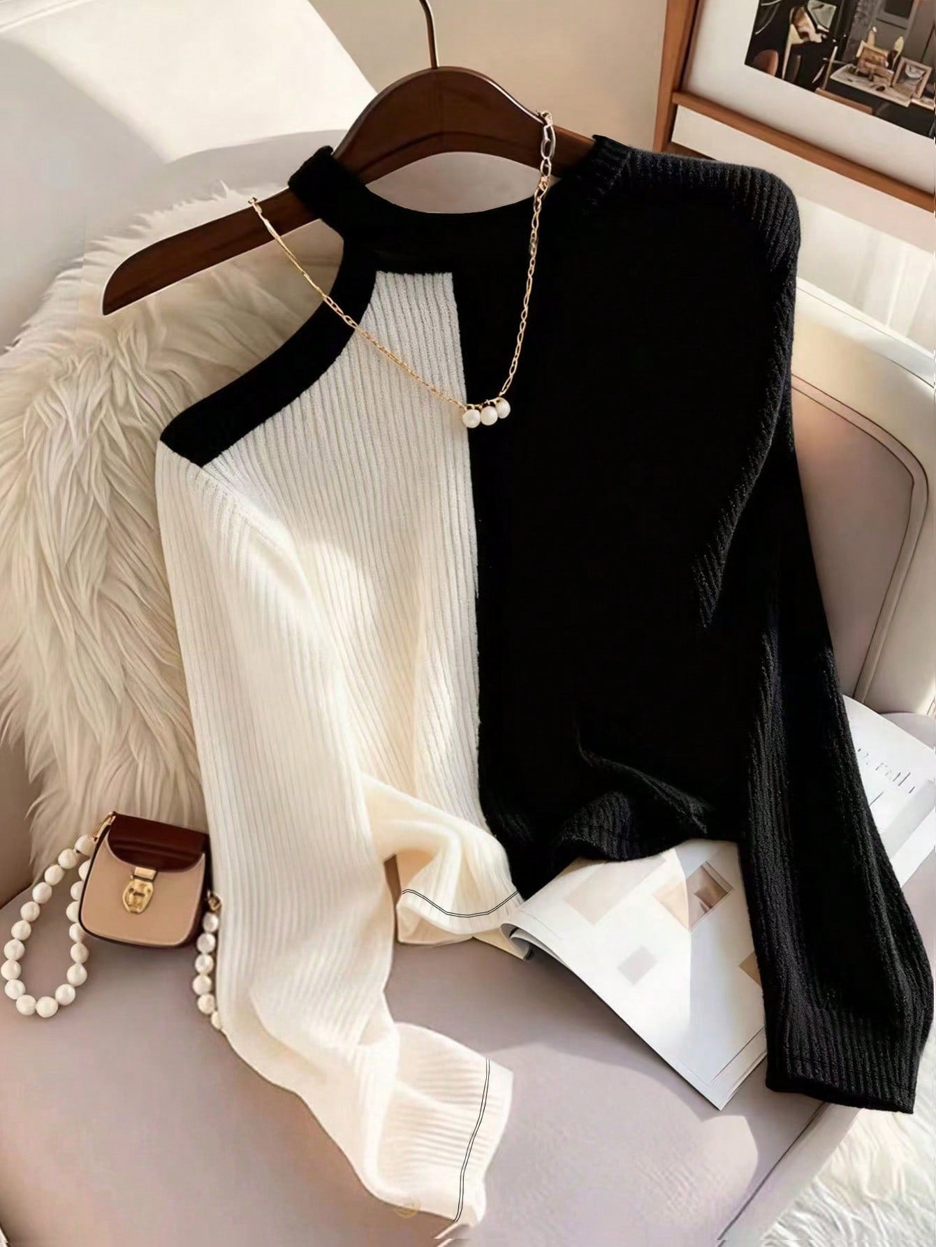 Women's Color Block Asymmetric Shoulder Long Sleeve T-Shirt, Ribbed Knit Top FD - Negative Apparel