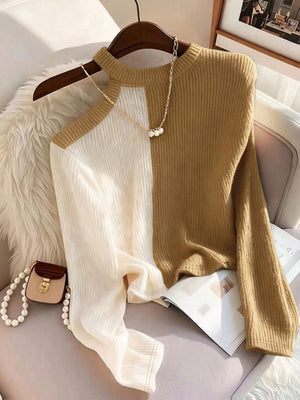 Women's Color Block Asymmetric Shoulder Long Sleeve T-Shirt, Ribbed Knit Top FD - Negative Apparel