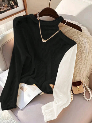 Women's Color Block Asymmetric Shoulder Long Sleeve T-Shirt, Ribbed Knit Top FD - Negative Apparel