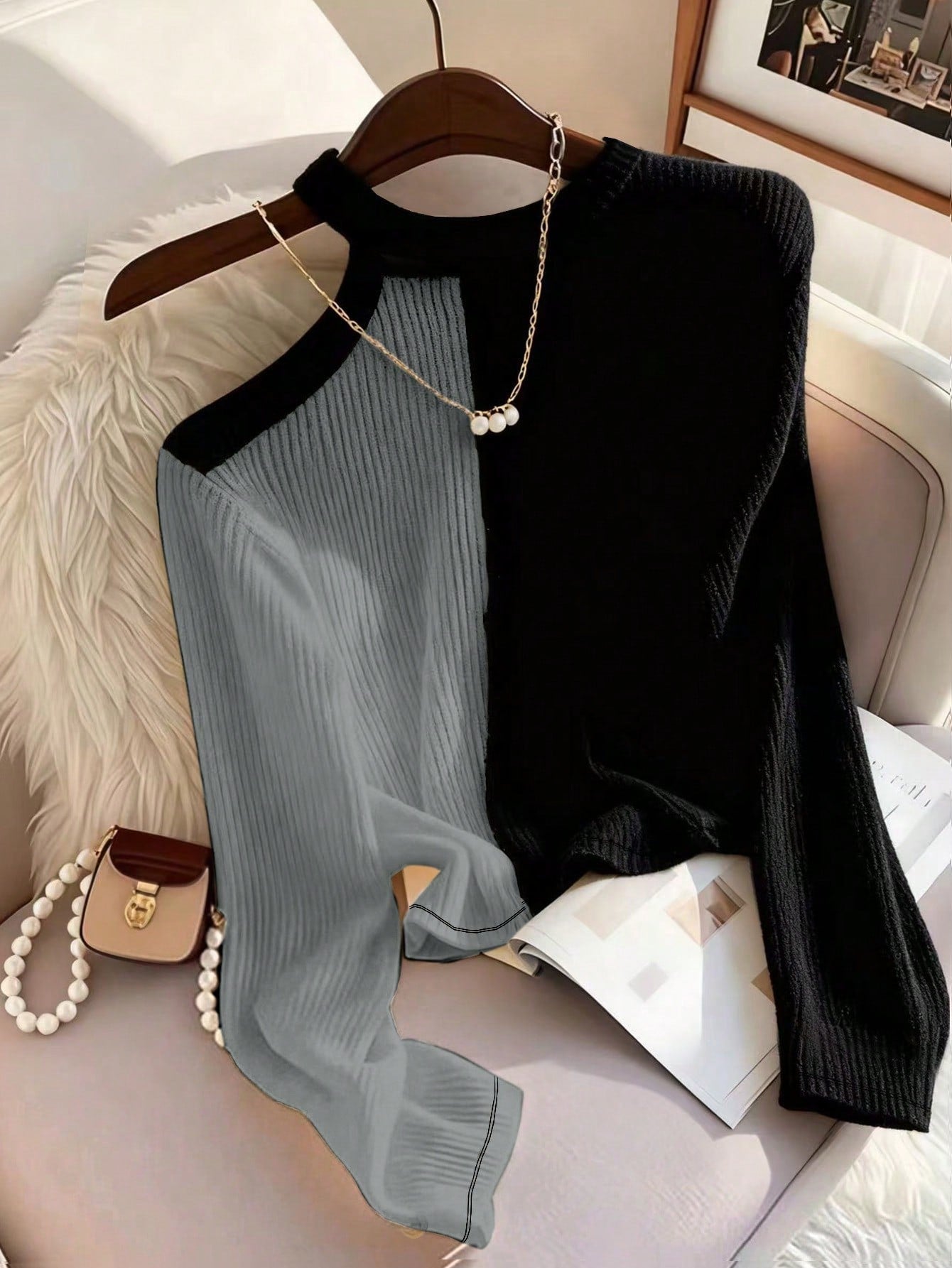 Women's Color Block Asymmetric Shoulder Long Sleeve T-Shirt, Ribbed Knit Top FD - Negative Apparel