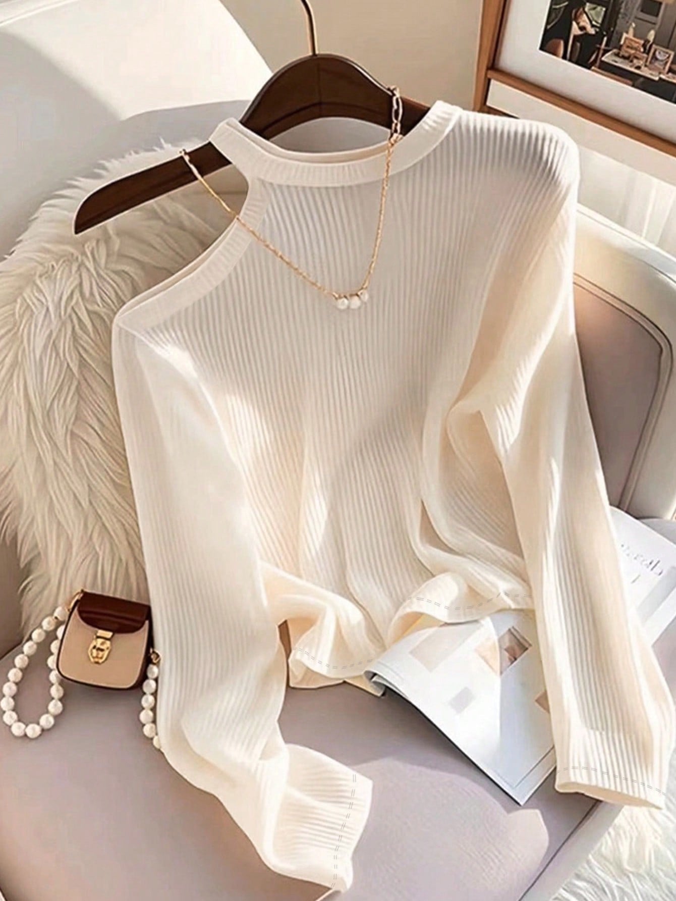 Women's Color Block Asymmetric Shoulder Long Sleeve T-Shirt, Ribbed Knit Top FD - Negative Apparel