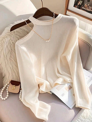 Women's Color Block Asymmetric Shoulder Long Sleeve T-Shirt, Ribbed Knit Top FD - Negative Apparel