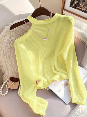 Women's Color Block Asymmetric Shoulder Long Sleeve T-Shirt, Ribbed Knit Top FD - Negative Apparel