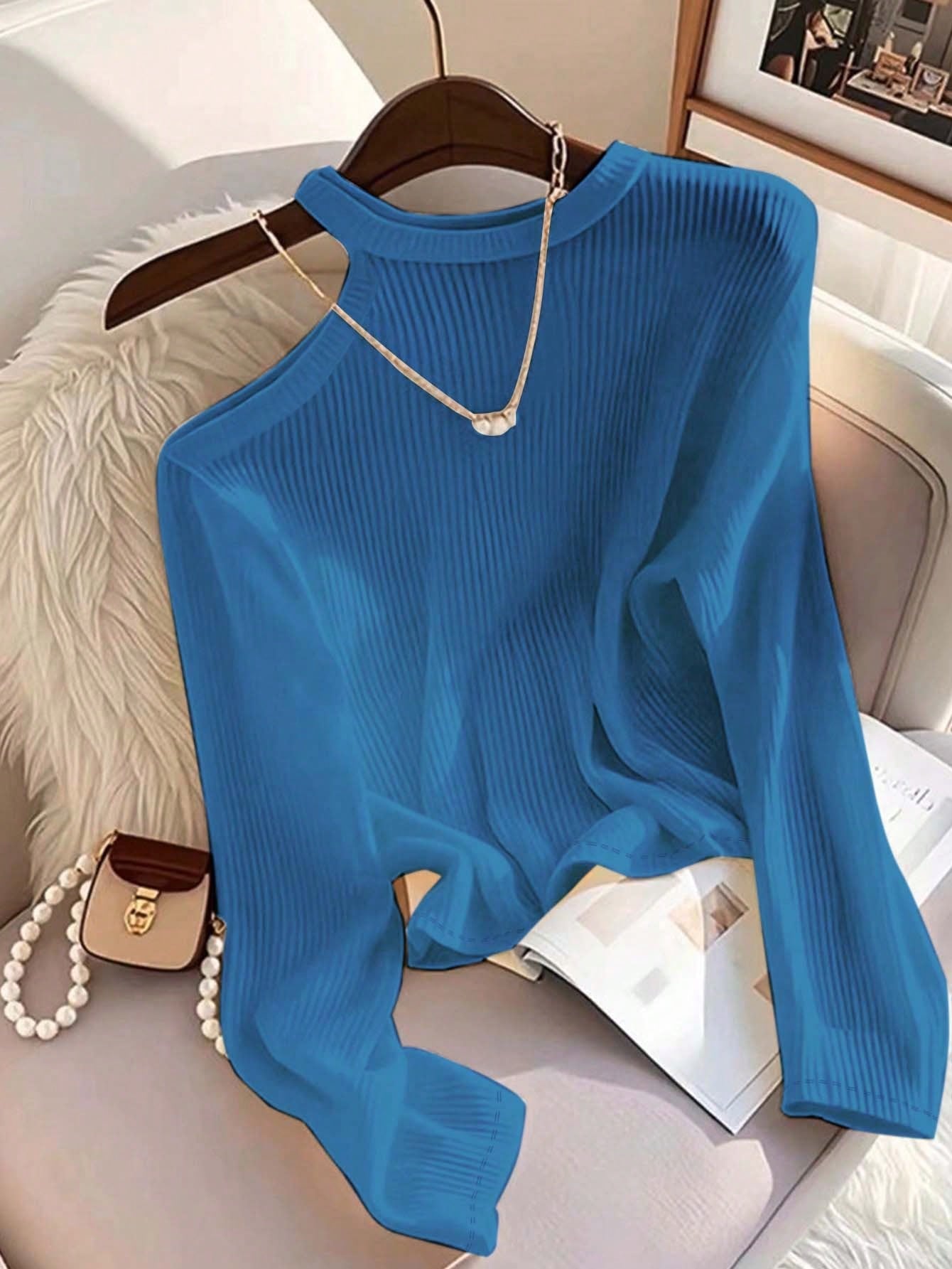Women's Color Block Asymmetric Shoulder Long Sleeve T-Shirt, Ribbed Knit Top FD - Negative Apparel