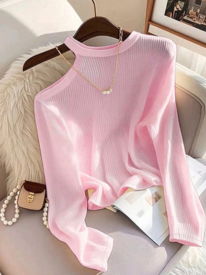 Women's Color Block Asymmetric Shoulder Long Sleeve T-Shirt, Ribbed Knit Top FD - Negative Apparel