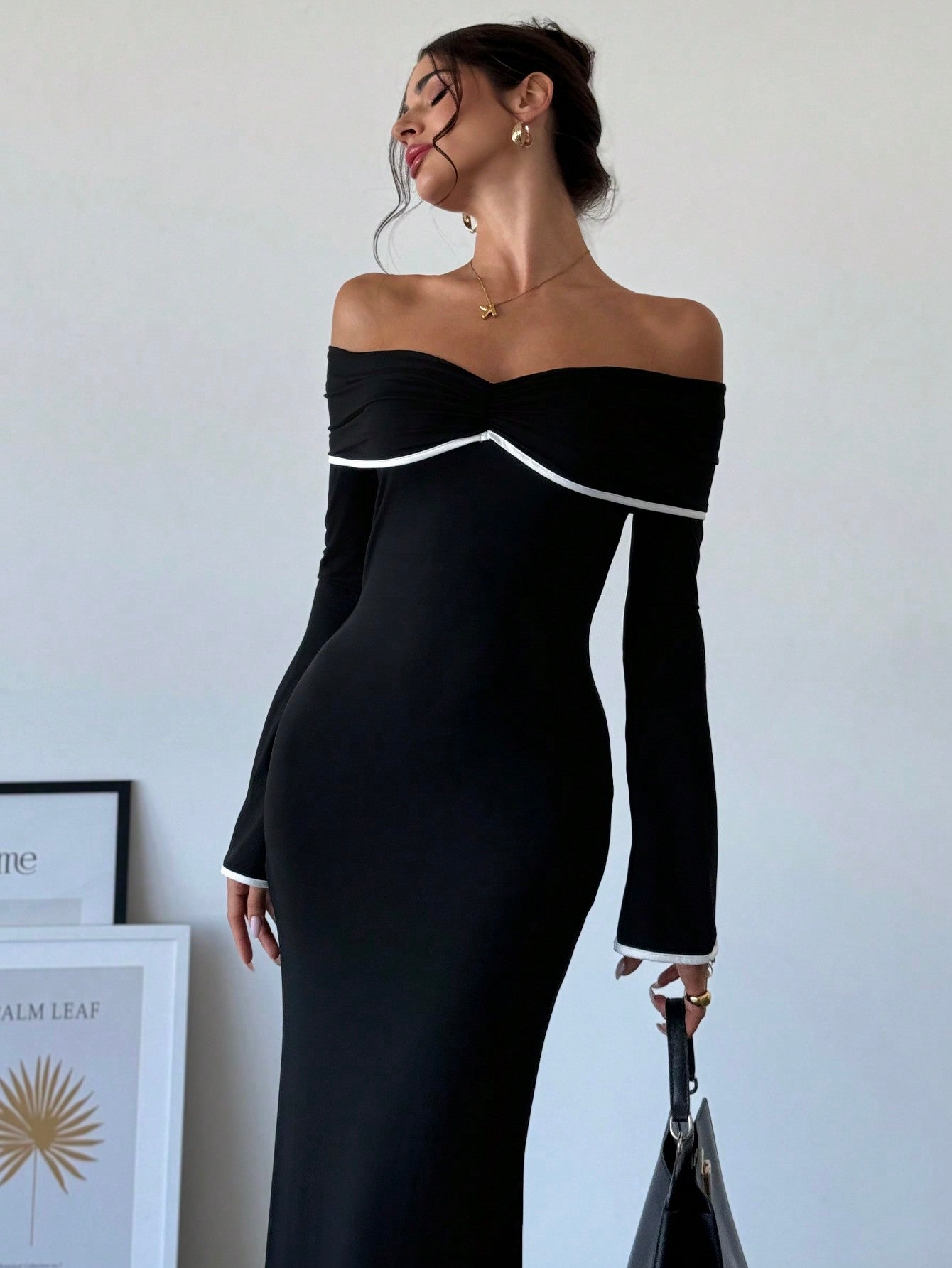 Women's Color Block Off Shoulder Fitted Mermaid Maxi Elegant Dress - Negative Apparel