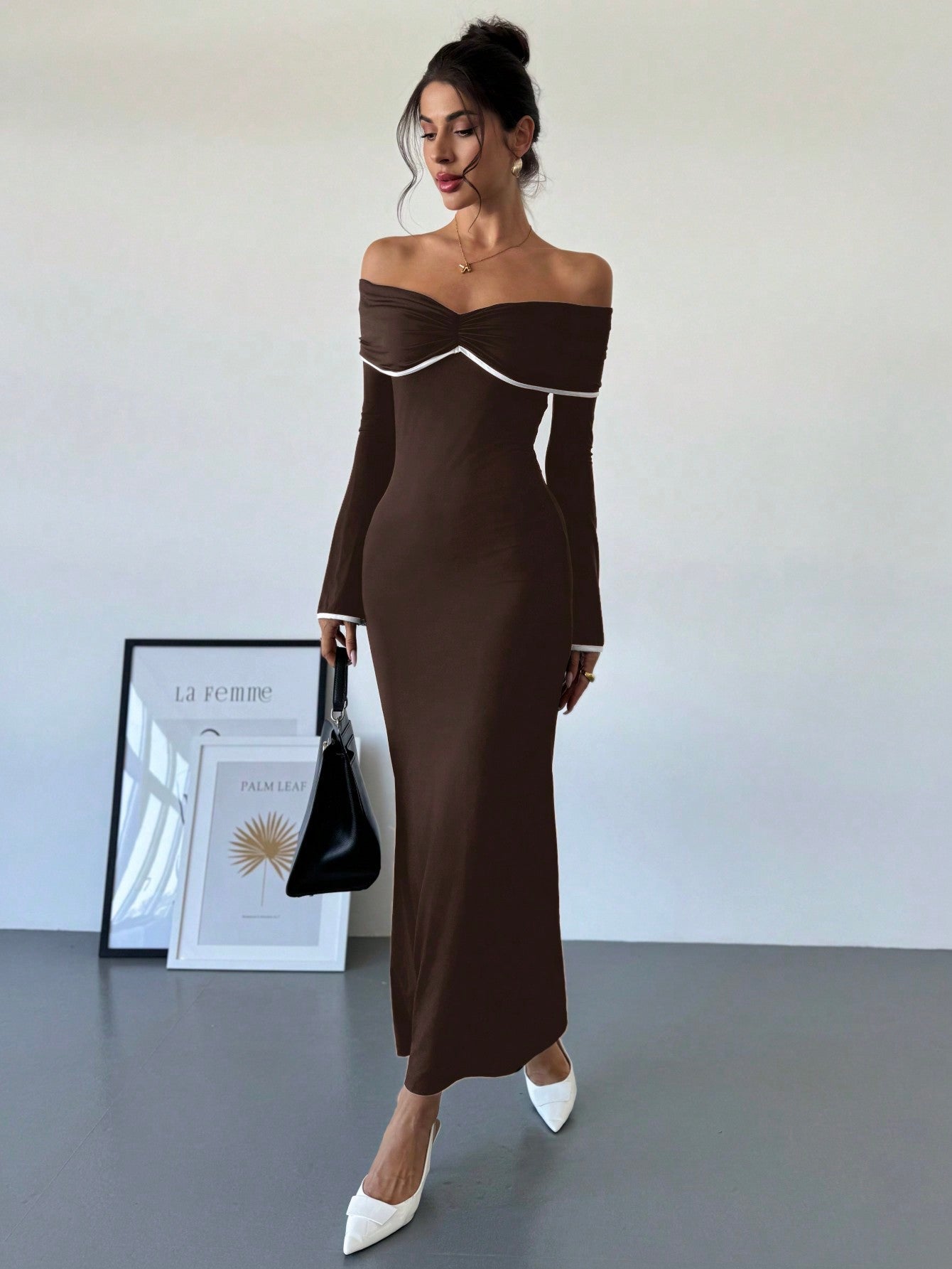 Women's Color Block Off Shoulder Fitted Mermaid Maxi Elegant Dress - Negative Apparel