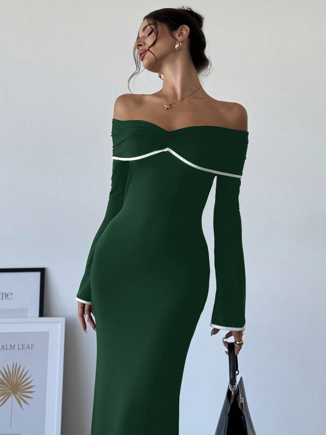 Women's Color Block Off Shoulder Fitted Mermaid Maxi Elegant Dress - Negative Apparel