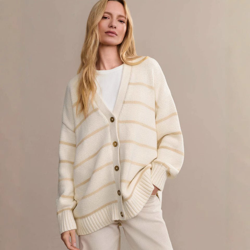 Women’s Color - Matching V - Neck Cardigan Sweater – Loose Fit Cotton Blend Multi - Button Knitwear, Summer 2025 Collection - Negative Apparel