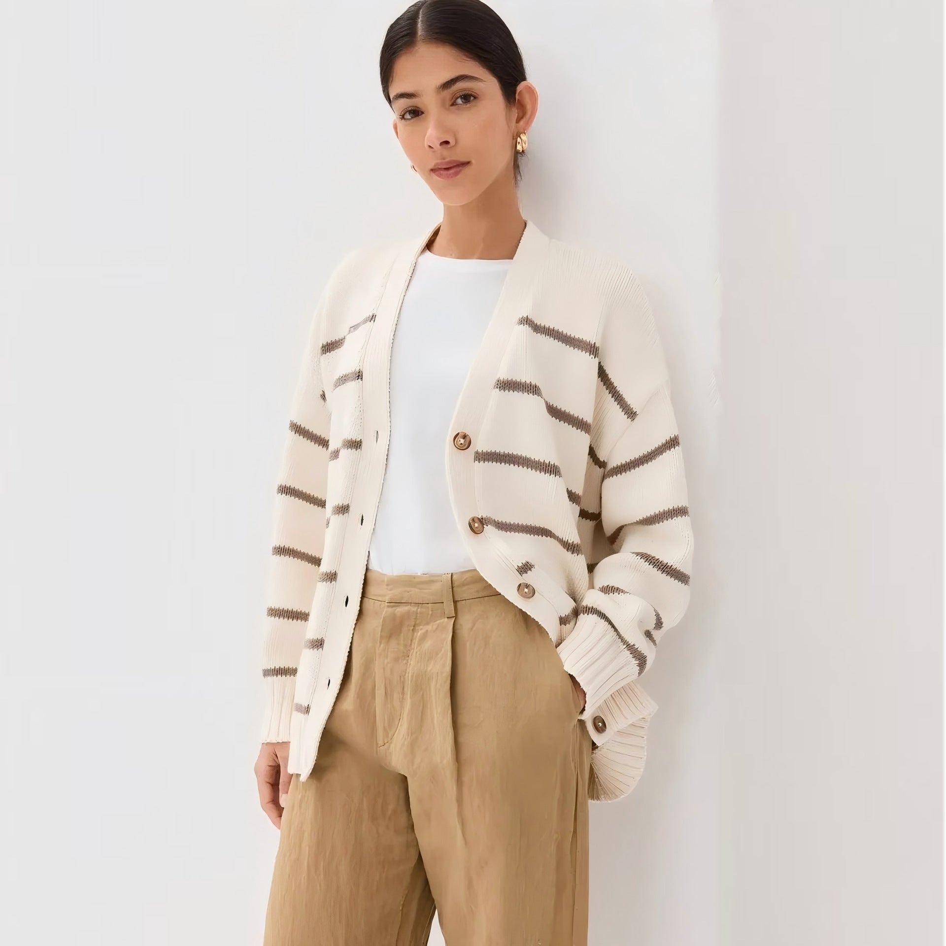 Women’s Color - Matching V - Neck Cardigan Sweater – Loose Fit Cotton Blend Multi - Button Knitwear, Summer 2025 Collection - Negative Apparel