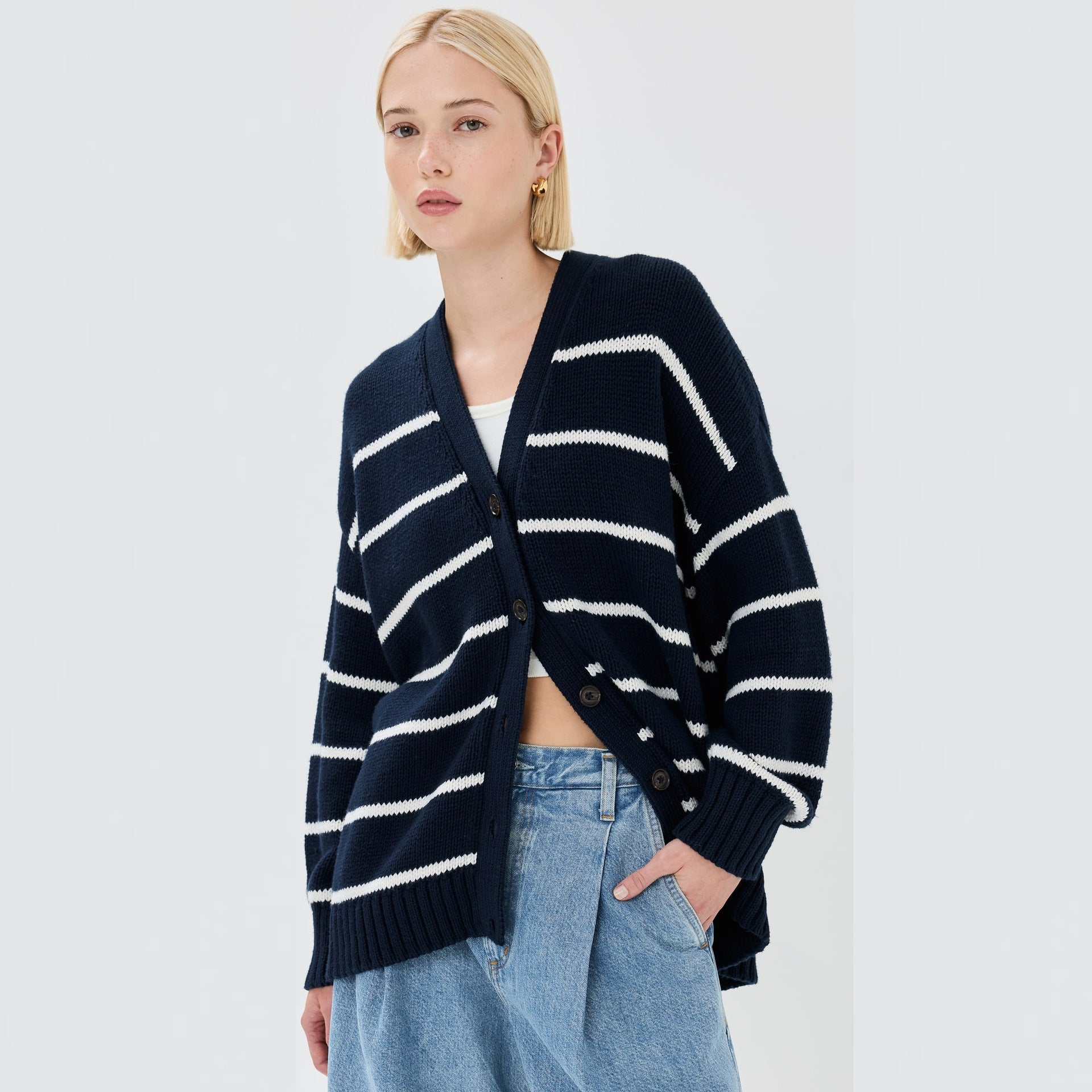 Women’s Color - Matching V - Neck Cardigan Sweater – Loose Fit Cotton Blend Multi - Button Knitwear, Summer 2025 Collection - Negative Apparel