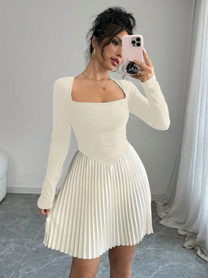 Women's Contrast - Color Swan Neck Long Sleeve Pleated Hem Elegant Short Dress - Negative Apparel