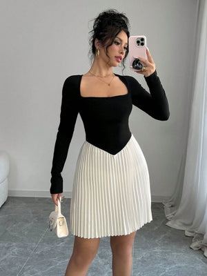 Women's Contrast - Color Swan Neck Long Sleeve Pleated Hem Elegant Short Dress - Negative Apparel