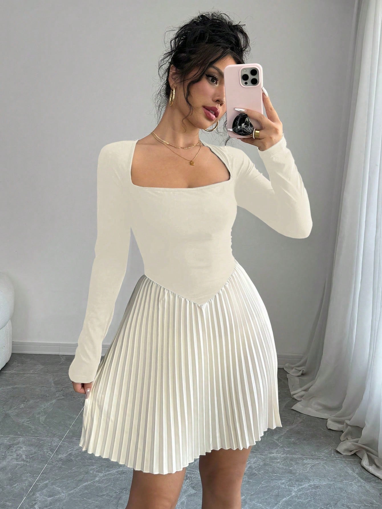 Women's Contrast - Color Swan Neck Long Sleeve Pleated Hem Elegant Short Dress - Negative Apparel