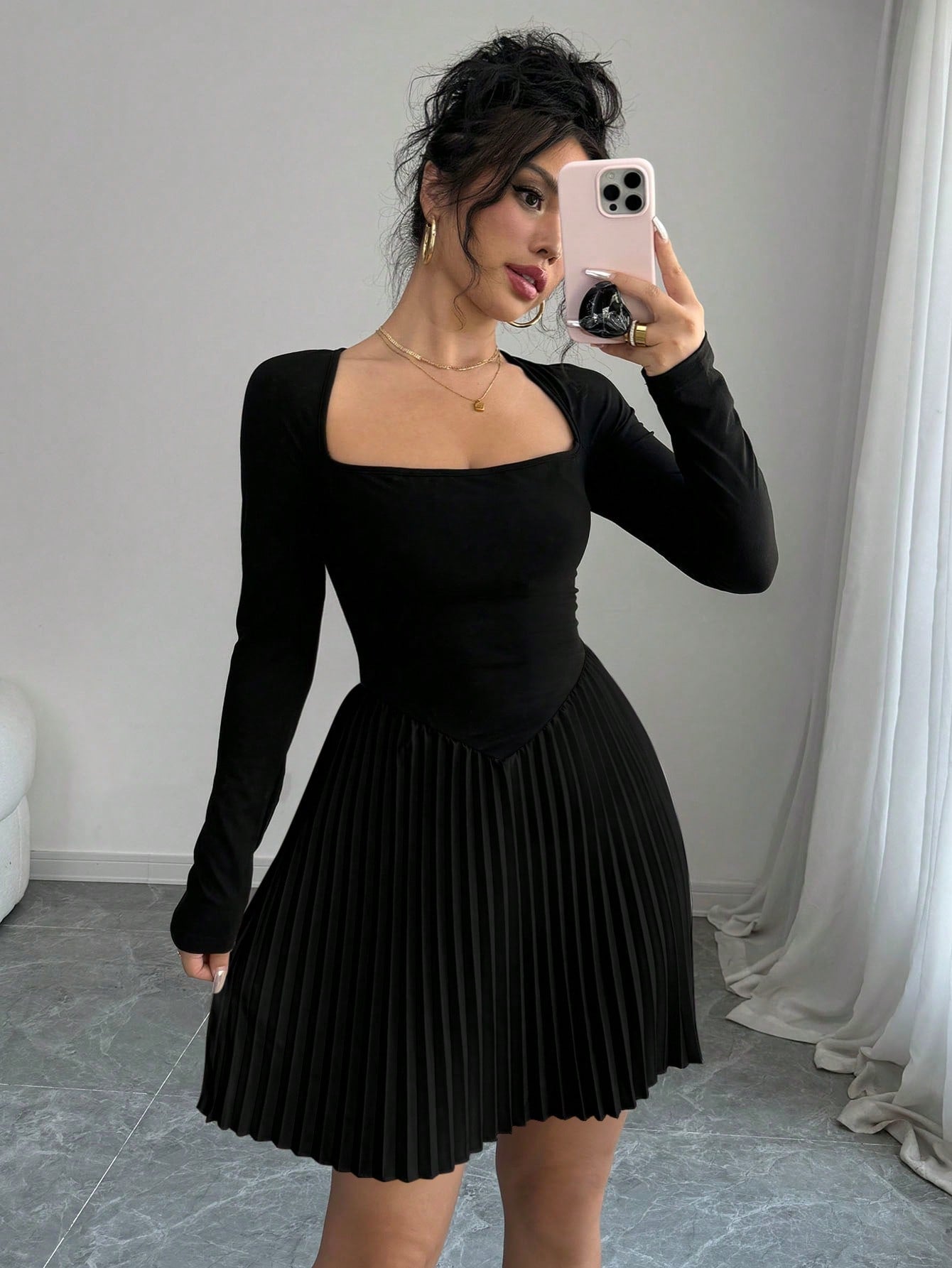 Women's Contrast - Color Swan Neck Long Sleeve Pleated Hem Elegant Short Dress - Negative Apparel