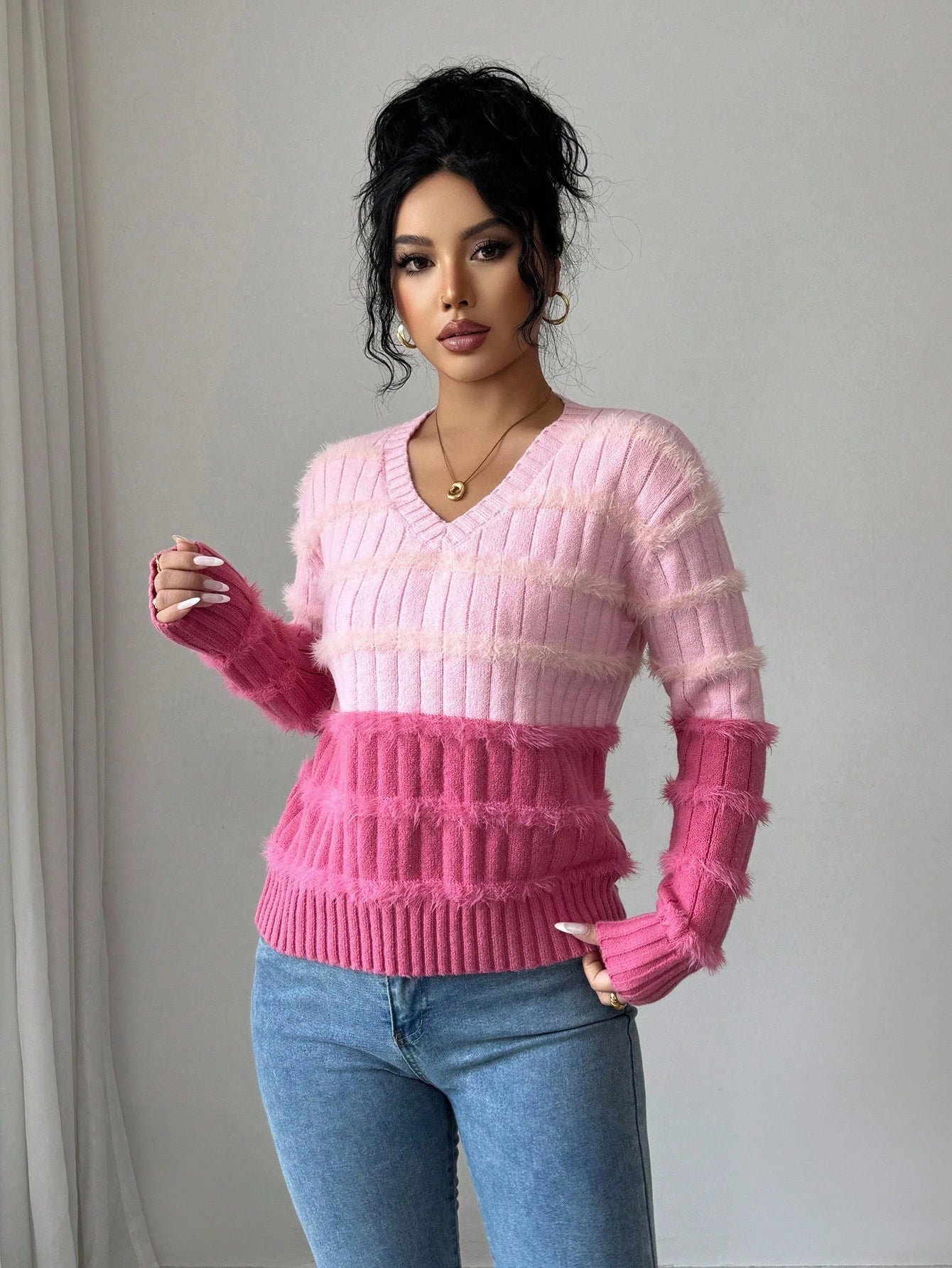 Women's Contrast Color V - Neck Long Sleeve Casual Loose Knit Sweater FD - Negative Apparel