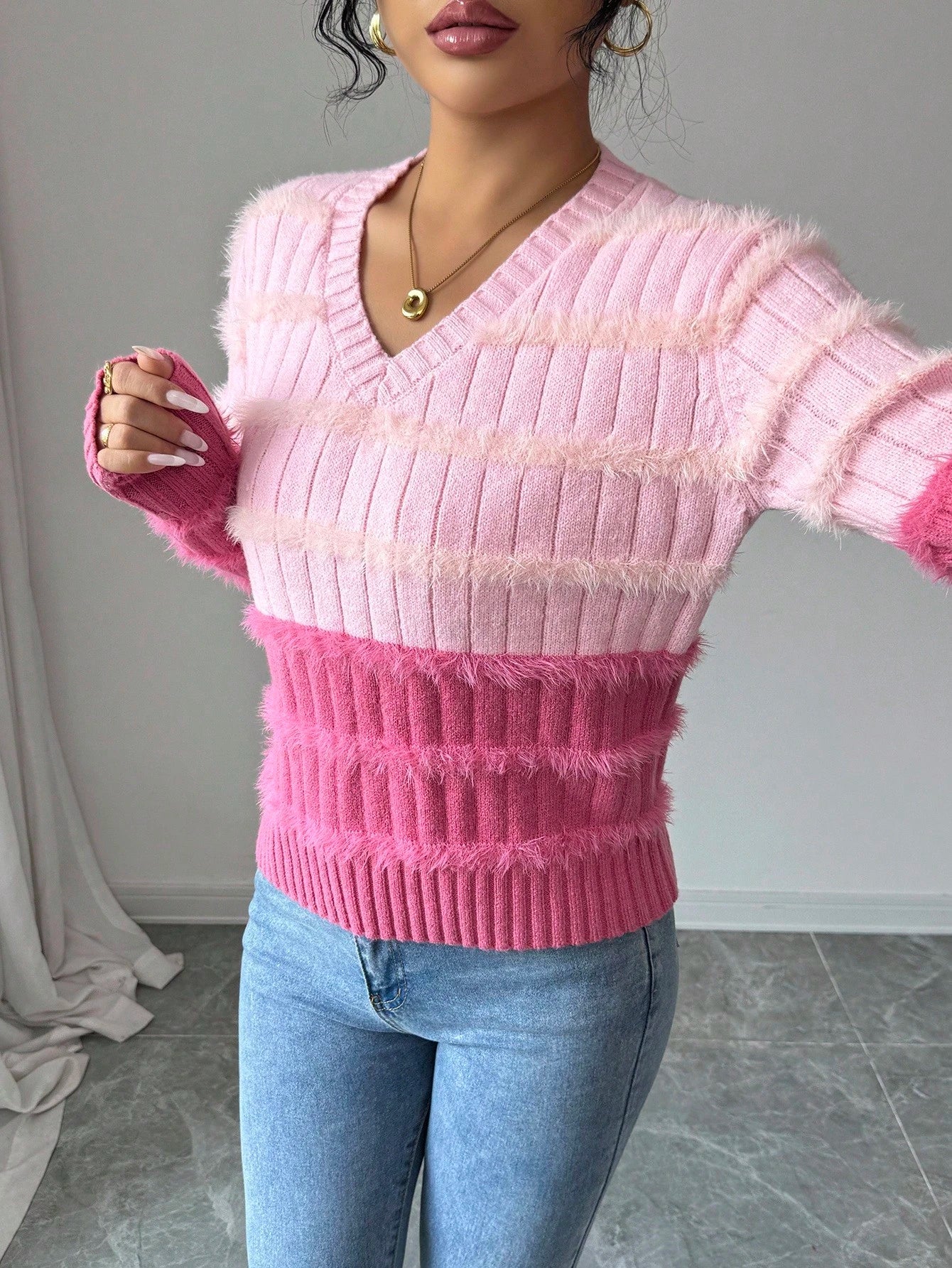 Women's Contrast Color V - Neck Long Sleeve Casual Loose Knit Sweater FD - Negative Apparel