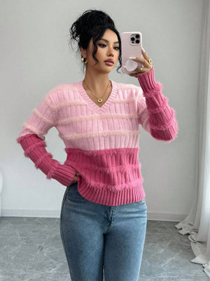 Women's Contrast Color V - Neck Long Sleeve Casual Loose Knit Sweater FD - Negative Apparel