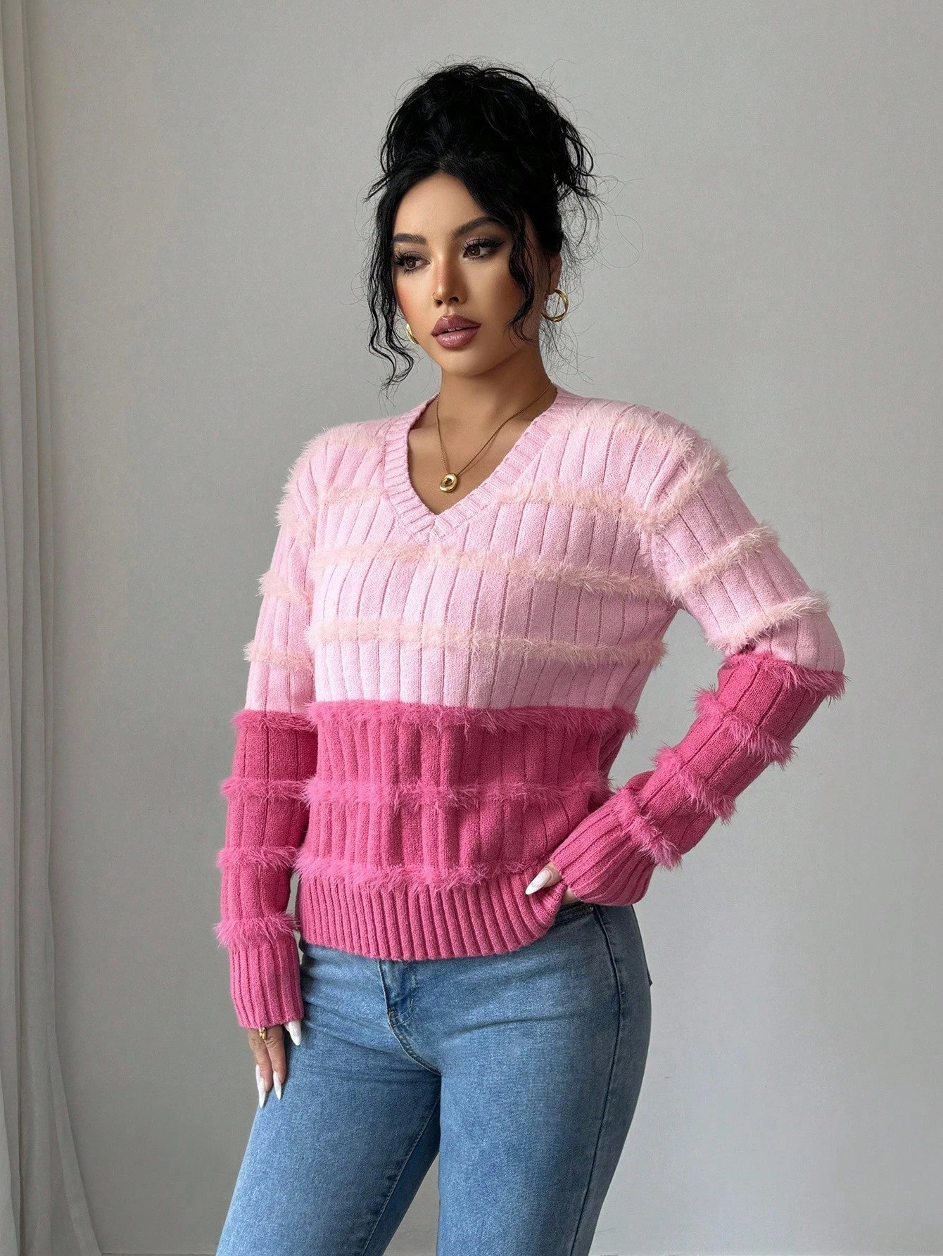 Women's Contrast Color V - Neck Long Sleeve Casual Loose Knit Sweater FD - Negative Apparel