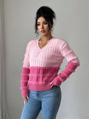 Women's Contrast Color V - Neck Long Sleeve Casual Loose Knit Sweater FD - Negative Apparel